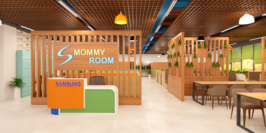 Với diện tích từ 100m2 – 200m2, các khu tiện ích “Mommy room” được thiết kế đầy đủ các khu vực vắt, trữa sữa, khu vực ăn uống, khu vực nghỉ ngơi với các kệ sách báo cung cấp các thông tin hữu ích dành cho giai đoạn thai kỳ và nuôi con nhỏ.