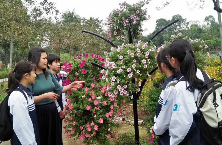Cô Phùng Thị Hà và học sinh trải nghiệm thực tế. Ảnh: TG Cô Phùng Thị Hà và học sinh trải nghiệm thực tế. Ảnh: TG