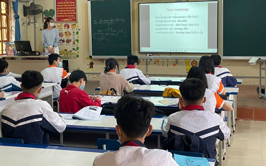 Giờ học tiếng Anh của học sinh Trường THCS Thanh An (Thanh Hà, Hải Dương). Ảnh: NTCC Giờ học tiếng Anh của học sinh Trường THCS Thanh An (Thanh Hà, Hải Dương). Ảnh: NTCC
