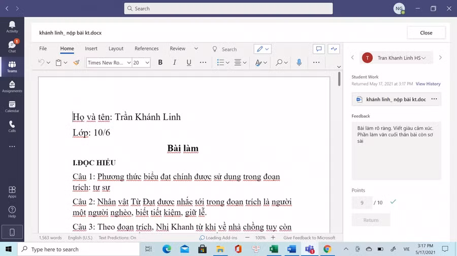 Một bài làm môn Ngữ văn của HS Trường THPT Trần Phú đã chấm điểm có lời phê trên Microsoft Team.