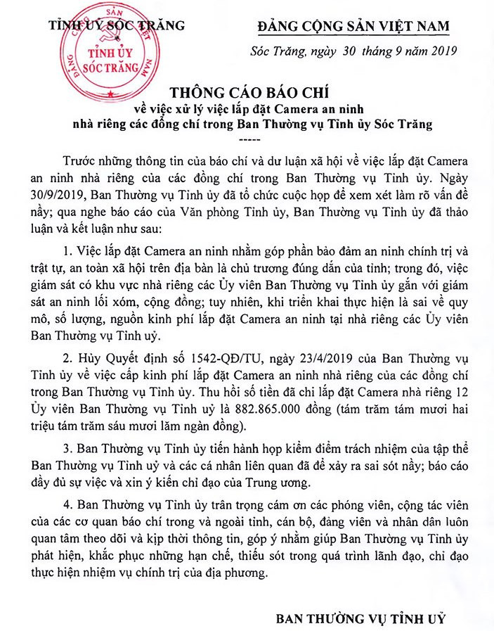 Thông cáo Báo chí được Ban Thường vụ Tỉnh ủy Sóc Trăng phát đi vào chiều 30/9 Thông cáo Báo chí được Ban Thường vụ Tỉnh ủy Sóc Trăng phát đi vào chiều 30/9
