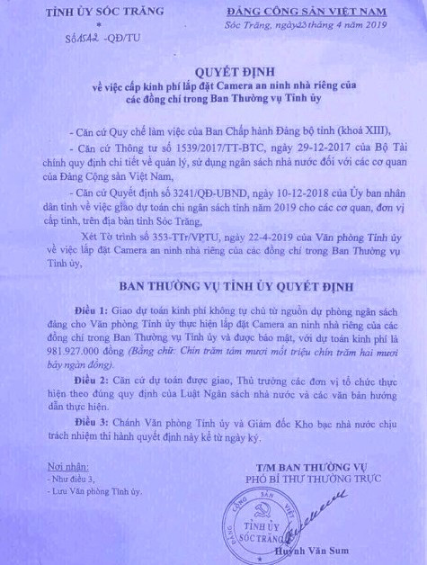 Quyết định lắp camera nhà các nhà riêng của các cá nhân trong Ban Thường vụ Tỉnh ủy nay đã bị hủy bỏ. Quyết định lắp camera nhà các nhà riêng của các cá nhân trong Ban Thường vụ Tỉnh ủy nay đã bị hủy bỏ.