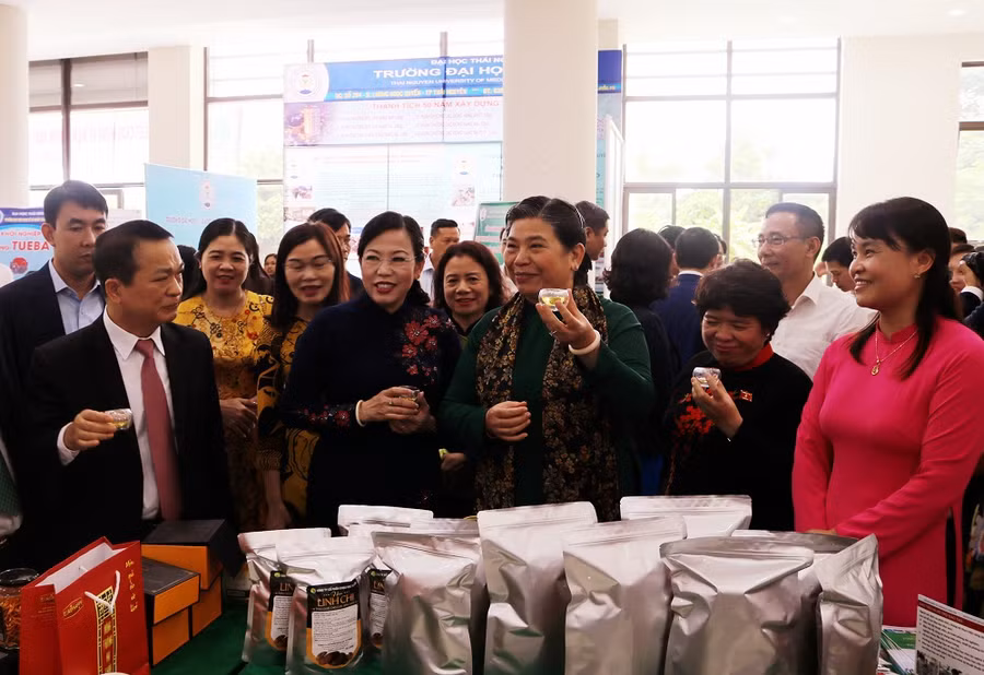 Các đại biểu thăm gian trưng bày các sản phẩm khoa học công nghệ của Đại học Thái Nguyên