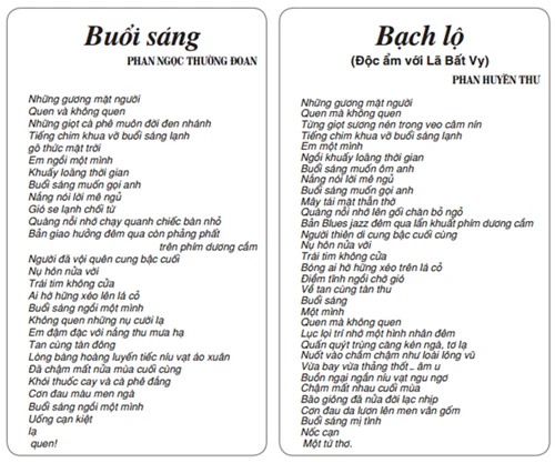 Bài thơ "Buổi sáng" của tác giả PN Thường Đoan và "Bạch Lộ" của tác giả Phan Huyền Thư.
