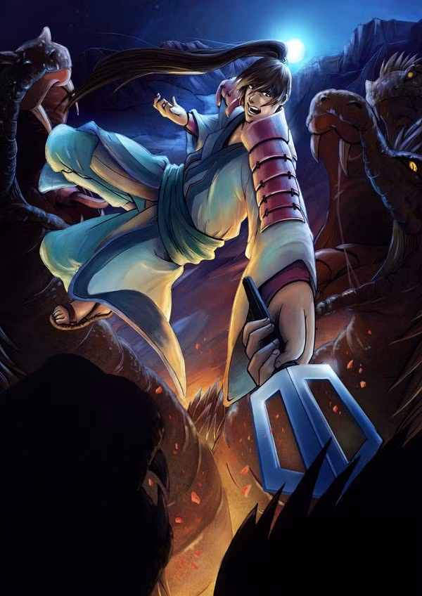 Tranh ngày nay vẽ cảnh thần Susanoo tiêu diệt quái vật.