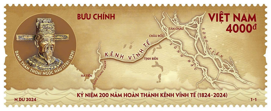 Bộ tem bưu chính “Kỷ niệm 200 năm hoàn thành kênh Vĩnh Tế (1824-2024)“. (Ảnh: KN).