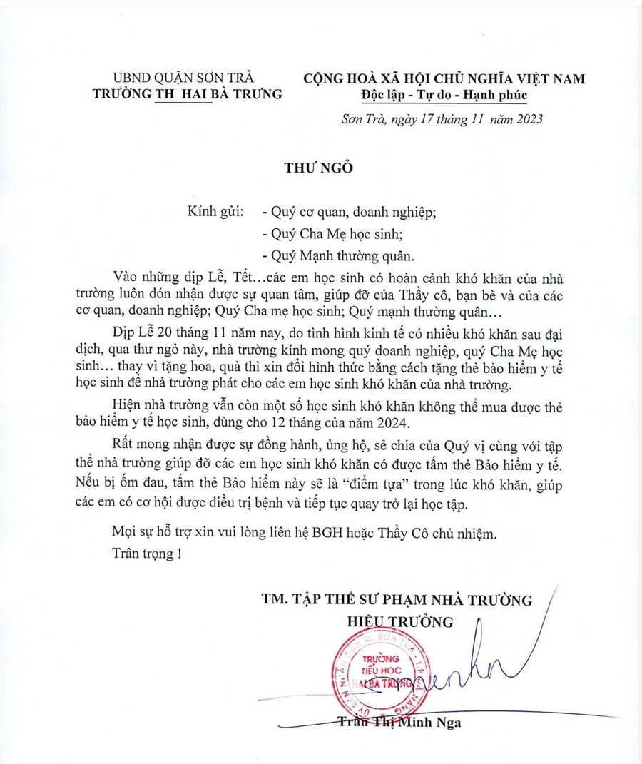 Thư ngỏ của Trường Tiểu học Hai Bà Trưng xin thay bằng hoa và quà trong dịp Lễ 20/11 để đổi lấy thẻ bảo hiểm y tế cho học sinh khó khăn. Thư ngỏ của Trường Tiểu học Hai Bà Trưng xin thay bằng hoa và quà trong dịp Lễ 20/11 để đổi lấy thẻ bảo hiểm y tế cho học sinh khó khăn.