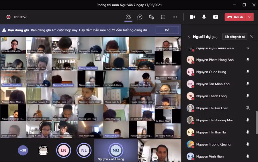 Một room kiểm tra trực tuyến theo danh sách lớp học của trường THCS Trưng Vương (quận Hải Châu)