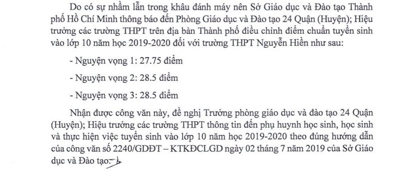 Công văn về điều chỉnh điểm chuẩn của Sở GD&ĐT TP.HCM Công văn về điều chỉnh điểm chuẩn của Sở GD&ĐT TP.HCM