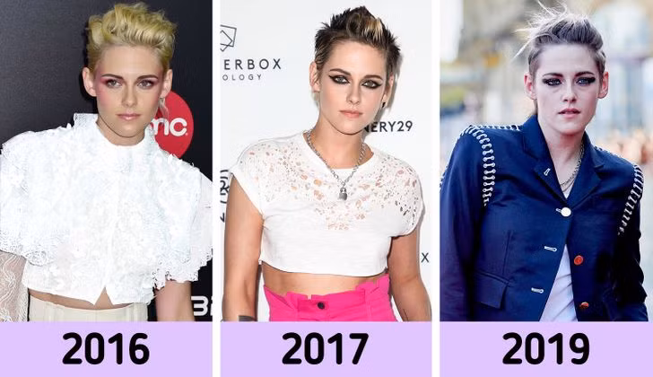 Kristen Stewart nghiêng đầu sang một bên và hơi nhấc vai đối diện.