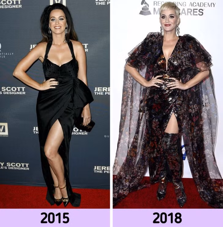 Katy Perry gập rồi đưa đầu gối lên trước.