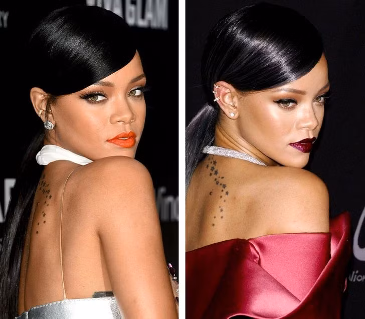 Rihanna thường quay nửa khuôn mặt lại khi chụp ảnh, với cằm chạm vai.