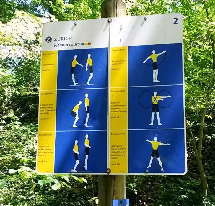 Ở Thụy Sĩ, họ thiết kế những biển báo này xung quanh các công viên để du khách có thể thực hiện các bài tập thích hợp khi họ đến các điểm nhất định trên đường đi bộ.