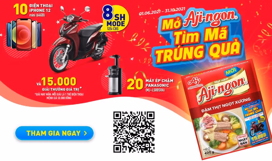 Các giải thưởng giá trị từ chương trình “Mở Aji-ngon® Tìm mã trúng quà”.