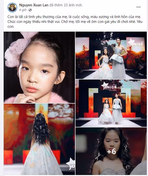 Nhân ngày Quốc tế thiếu nhi 1/6, siêu mẫu Xuân Lan đã chia sẻ những hình ảnh của bé Thỏ cùng lời nhắn nhủ: "Con là tất cả tình yêu thương của mẹ, là cuộc sống, máu xương và linh hồn của mẹ. Chúc con ngày thiếu nhi thật vui. Chờ mẹ, tối mẹ về ôm con gái yêu đi chơi nhé. Yêu con".