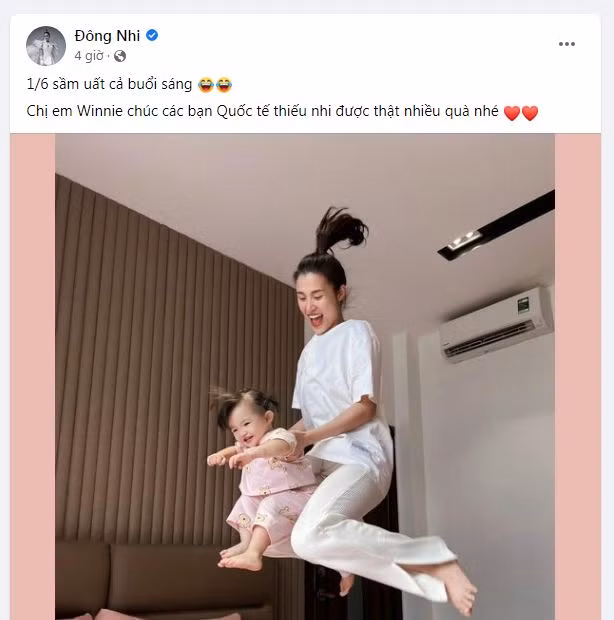 Nữ ca sĩ Đông Nhi đăng tải khoảnh khắc đáng yêu cùng cô công chúa nhỏ Winnie cùng dòng trạng thái: "1/6 sầm uất cả buổi sáng. Chị em Winnie chúc các bạn Quốc tế thiếu nhi được thật nhiều quà nhé".
