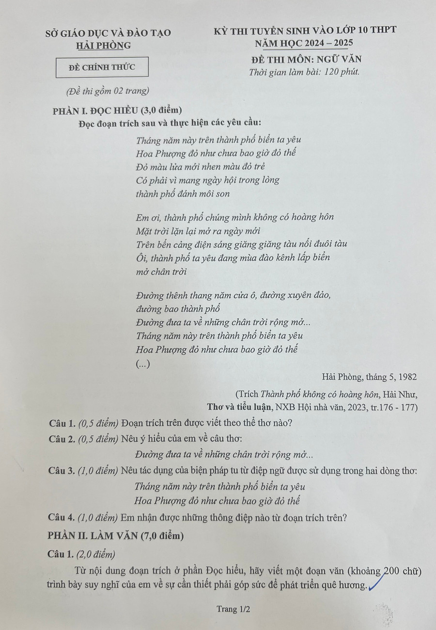 Đề thi Ngữ văn vào lớp 10 THPT công lập năm học 2024-2025 tại Hải Phòng. Đề thi Ngữ văn vào lớp 10 THPT công lập năm học 2024-2025 tại Hải Phòng.