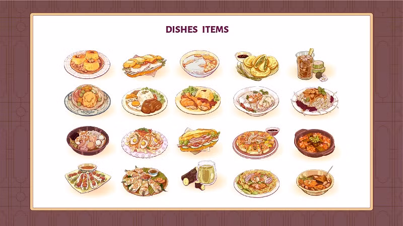 Những món ăn được tái hiện sinh động trong game.