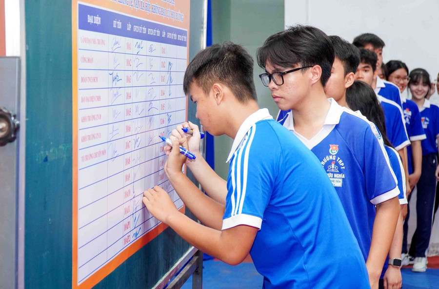 Học sinh Trường THPT Bùi Hữu Nghĩa (quận Bình Thủy, TP Cần Thơ) ký cam kết thực hiện mô hình “Trường học thân thiện, học sinh thanh lịch, không ma túy, không tệ nạn xã hội và không bạo lực học đường”. Ảnh: T. Thật Học sinh Trường THPT Bùi Hữu Nghĩa (quận Bình Thủy, TP Cần Thơ) ký cam kết thực hiện mô hình “Trường học thân thiện, học sinh thanh lịch, không ma túy, không tệ nạn xã hội và không bạo lực học đường”. Ảnh: T. Thật