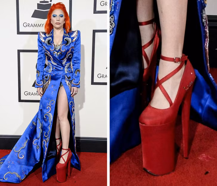 Tại lễ trao giải Grammy 2016, Lady Gaga khéo léo kết hợp đôi giày cao gót màu đỏ cùng màu tóc cực cháy.
