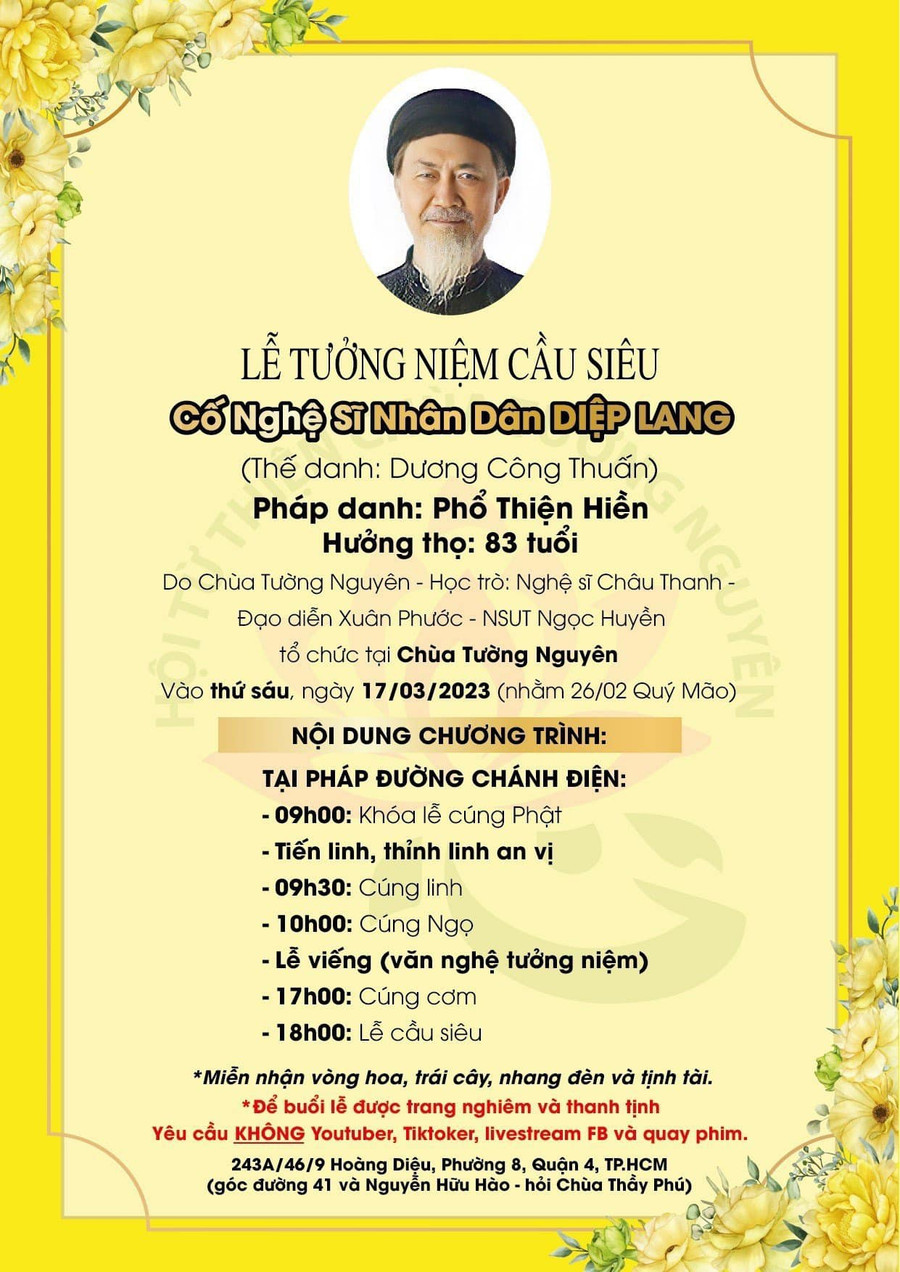 Thông báo về lễ tưởng niệm cầu siêu NSND Diệp Lang ở Việt Nam.