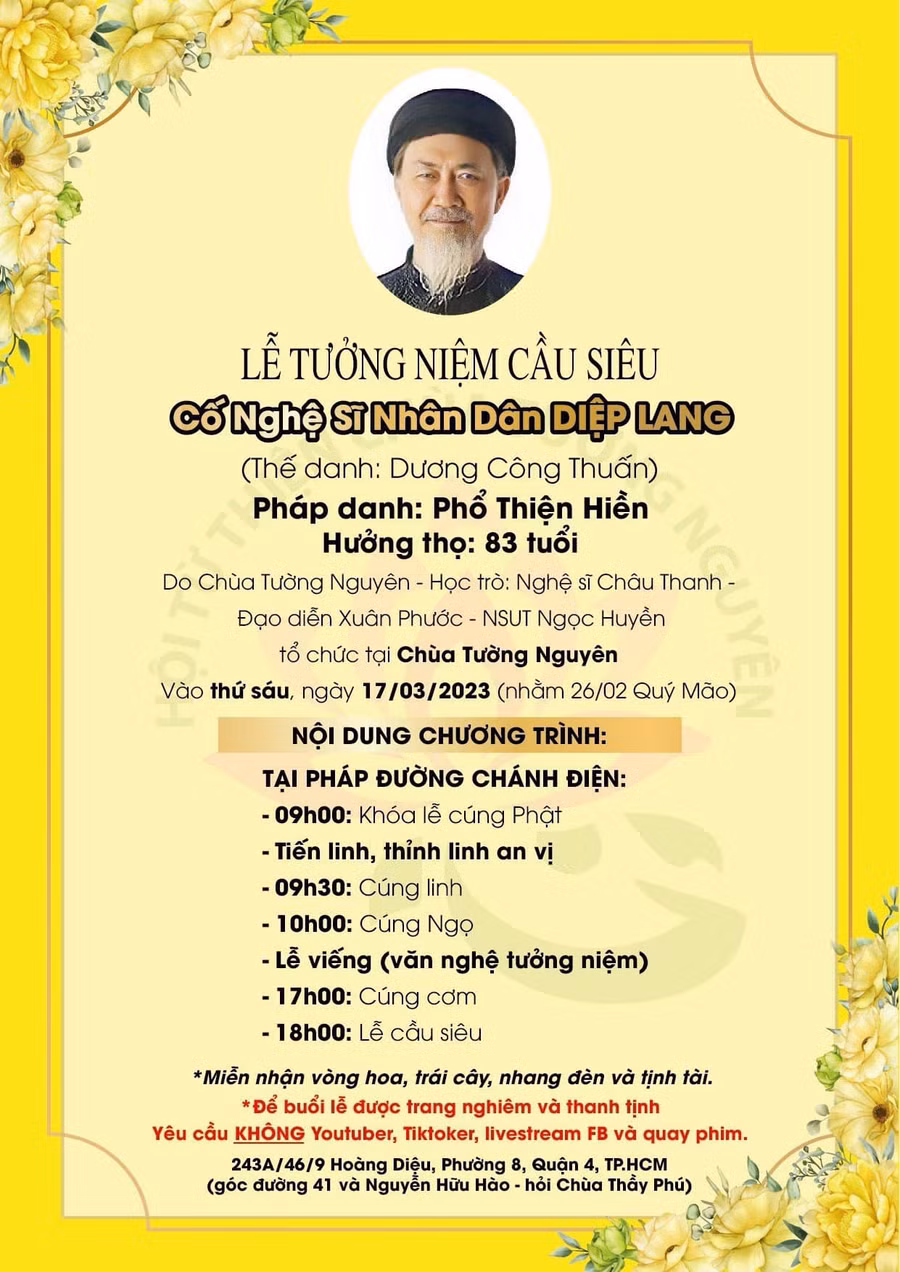 Thông báo về lễ tưởng niệm cầu siêu NSND Diệp Lang ở Việt Nam.