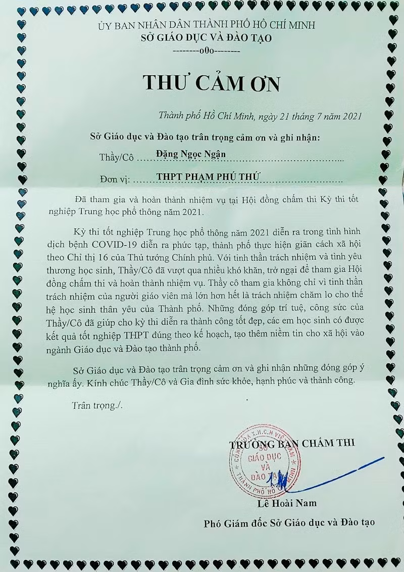 Thư cảm ơn của Sở GD&amp;ĐT TPHCM sau khi các giáo viên hoàn thành công tác chấm thi.