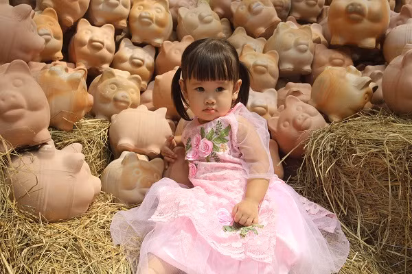 Em bé xinh xắn khá lạ lẫm khi nhìn thấy những con heo đất.