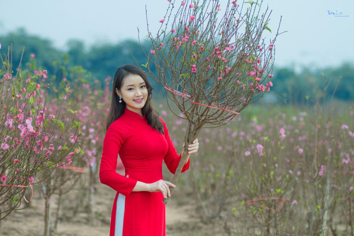 Hoa khôi 9x xứ Mường khoe sắc cùng đào Xuân