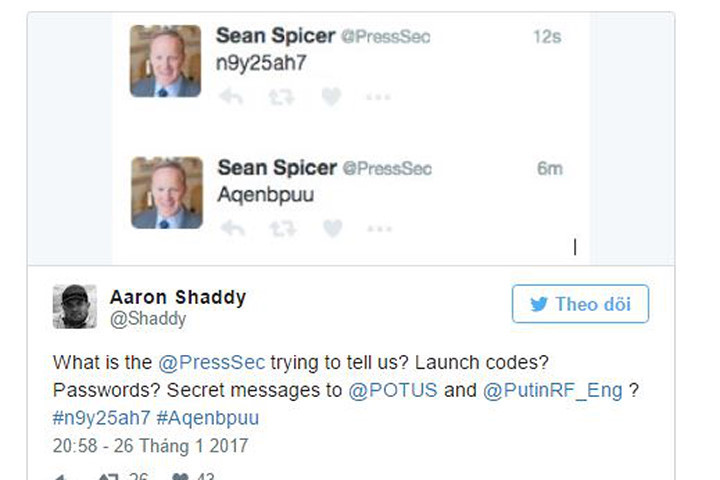 Thư ký báo chí Nhà Trắng Sean Spicer công bố "mã hạt nhân" trên Twitter?
