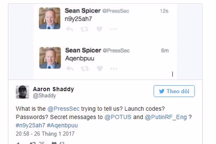 Thư ký báo chí Nhà Trắng Sean Spicer công bố "mã hạt nhân" trên Twitter?