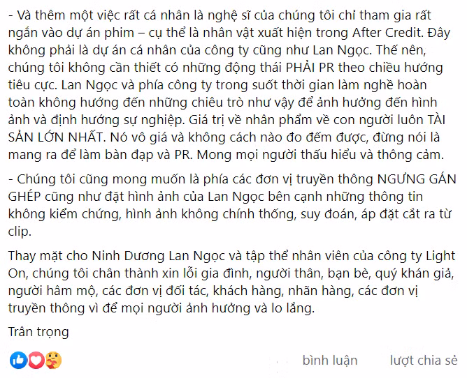 Đại diện công ty quản lý của Ninh Dương Lan Ngọc lên tiếng đính chính thông tin sai sự thật.