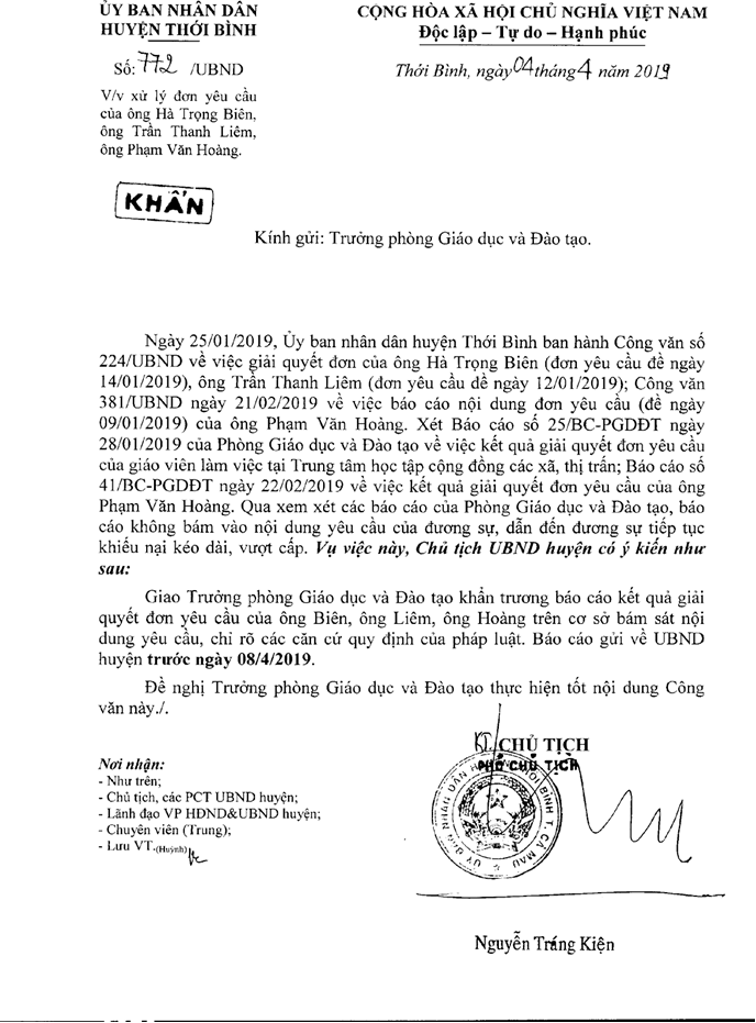 Công văn của UBND huyện Thới Bình yêu cầu Phòng GD&ĐT huyện khẩn trương giải quyết đơn khiếu nại những giáo viên giảng dạy tại Trung tâm học tập cộng đồng các xã, thị trấn