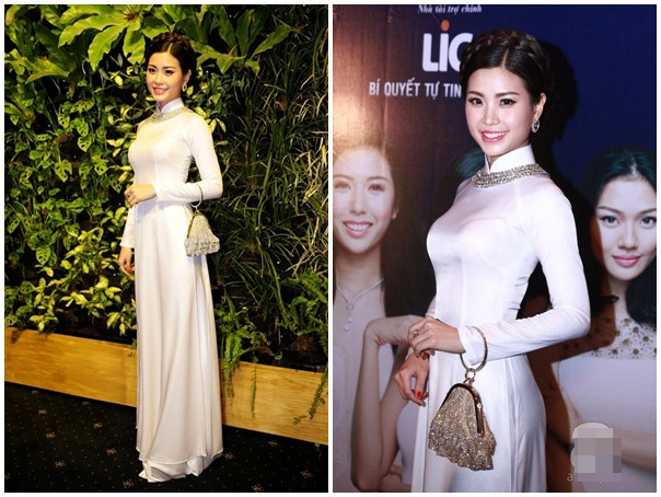 Góp mặt ở đêm chung kết cuộc thi Hoa khôi Áo dài 2014, á hậu Diễm Trang diện trang phục phù hợp sự kiện. Áo dài trắng làm toát lên lợi thế hình ảnh nữ tính, duyên dáng vốn có. Người đẹp Việt chuộng mốt áo dài trắng dự sự kiện