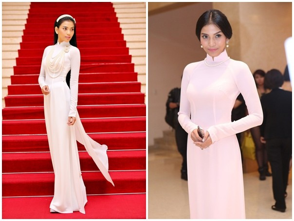 Á hậu ứng dụng áo dài màu trắng trơn rất hiệu quả. Cô khéo léo mix cùng vòng cổ chuỗi hạt, băng-đô điệu đà. Kiểu tóc đơn giản hoặc búi cổ điển. Người đẹp Việt chuộng mốt áo dài trắng dự sự kiện