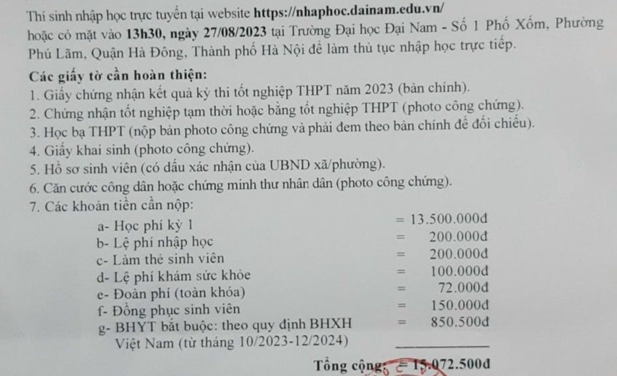 Bảng kê một số khoản thu đầu năm của Trường ĐH Đại Nam. Ảnh: Khôi Nguyên
