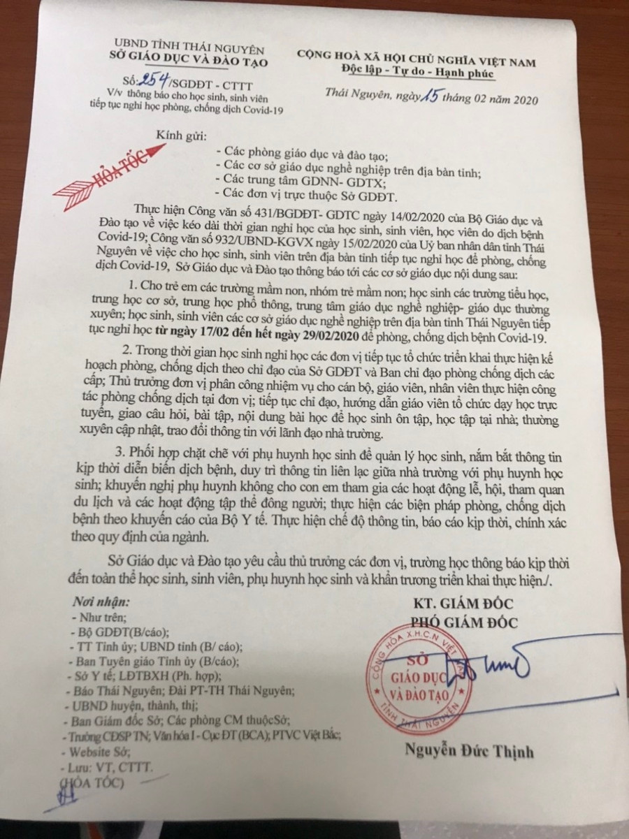 Công văn của Sở GD&ĐT tỉnh Thái Nguyên v/v thông báo lùi thời gian cho học sinh tạm nghỉ học đến hết ngày 29/02/2020. Công văn này thay cho Công văn số 252 ngày 14/4
