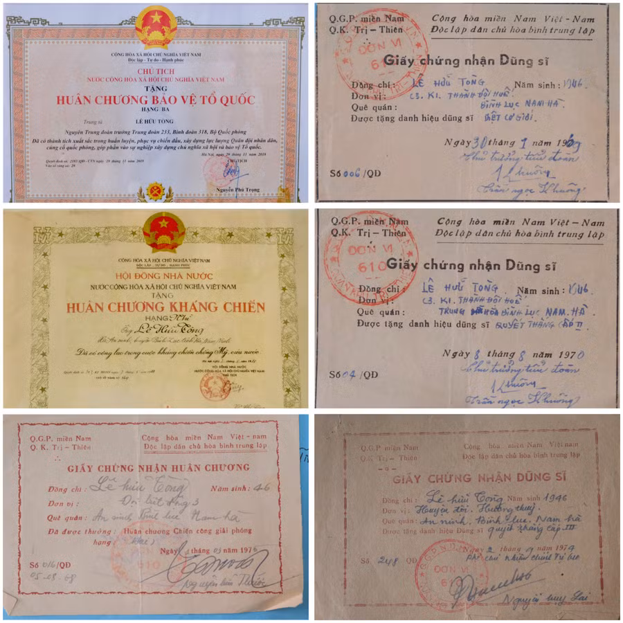 Nhiều giấy chứng nhận Dũng sĩ, Huân chương mà Trung tá Tòng nhận được trong quãng đời binh nghiệp vẻ vang.
