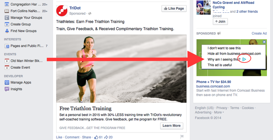 Tìm dòng chữ “Vì sao tôi nhìn thấy quảng cáo này”/ “Why am I seeing this”