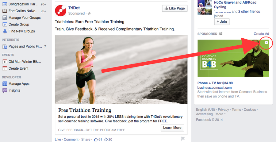 Truy cập News Feed Facebook. Di chuột đến quảng cáo ở cột bên phải trang rồi tìm dấu “x” ở góc quảng cáo. Bấm chuột vào đây.