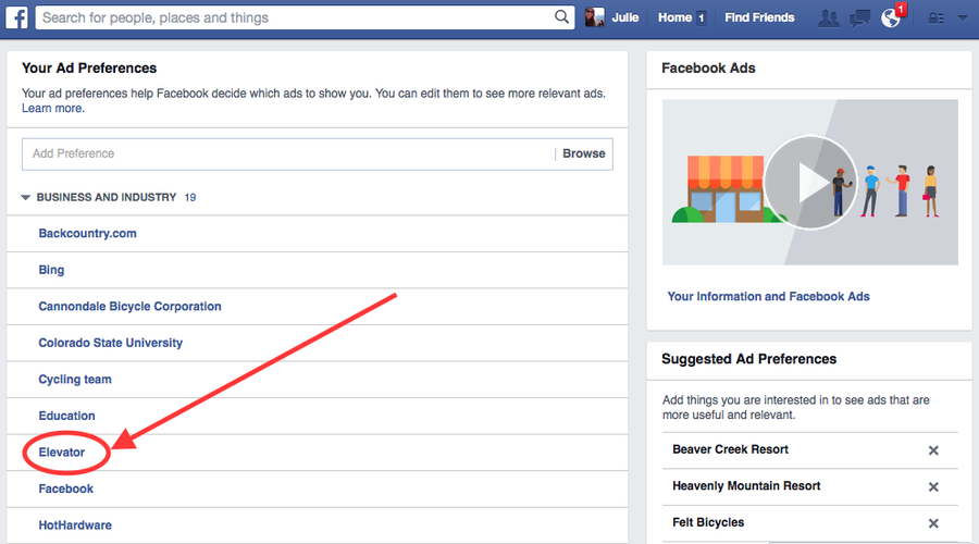 Chẳng hạn, bạn nhấn vào mục Business & Industry, sẽ thấy các chủ đề/trang liên quan mà Facebook cho là bạn thích. Nhấn vào đây để xóa chúng đi. Từ nay, bạn không còn phải nhìn thấy những quảng cáo như vậy nữa.
