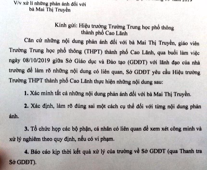 Công văn của Giám đốc Sở GD&ĐT Đồng Tháp yêu cầu làm rõ vụ việc.