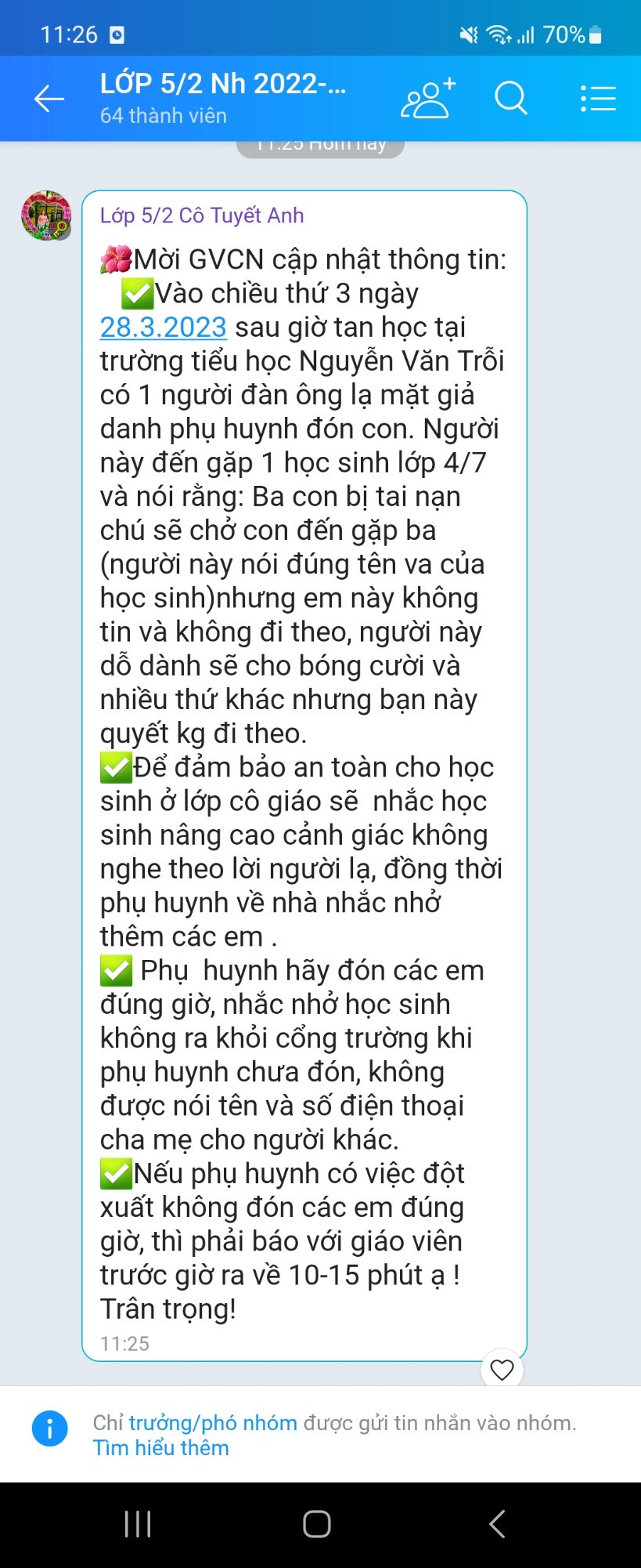 Trường Tiểu học Nguyễn Văn Trỗi phát đi thông báo đến phụ huynh học sinh, đề nghị phối hợp nhắc nhở con em, đảm bảo an toàn cho học sinh. Trường Tiểu học Nguyễn Văn Trỗi phát đi thông báo đến phụ huynh học sinh, đề nghị phối hợp nhắc nhở con em, đảm bảo an toàn cho học sinh.