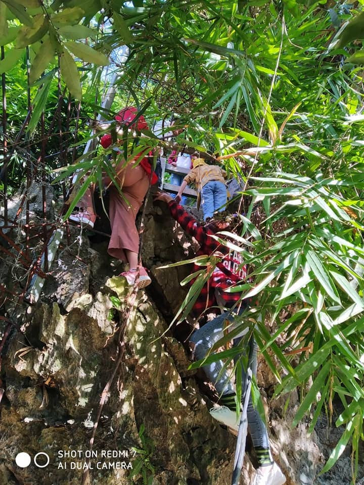 Để lên được đỉnh núi, khách du lịch phải chèo qua những vách đá vôi dựng đứng. Để lên được đỉnh núi, khách du lịch phải chèo qua những vách đá vôi dựng đứng.