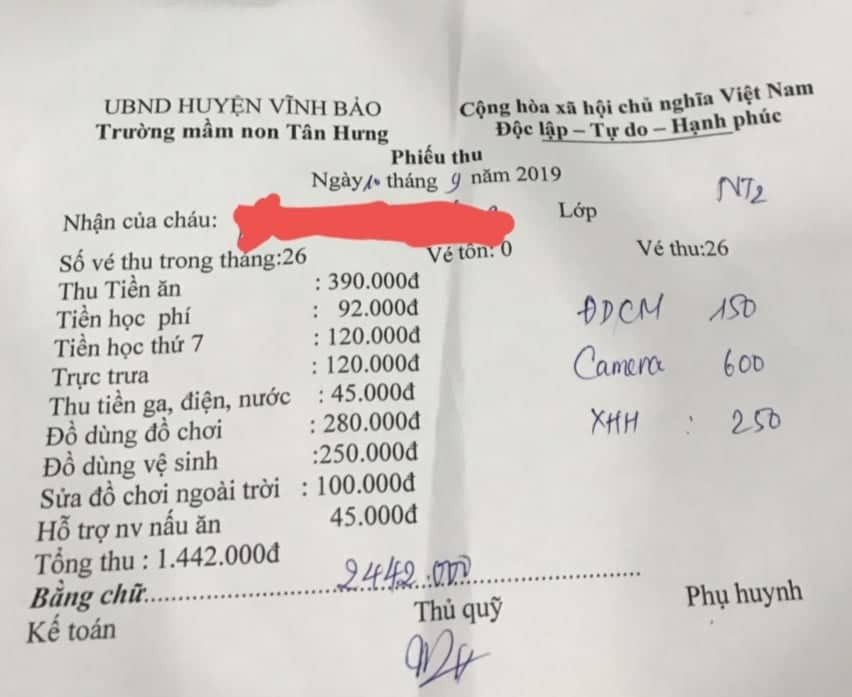 Phiếu thu do Trường Mầm non Tân Hưng phát ra có nhiều khoản ghi thêm bằng bút bi xanh khiến phụ huynh hoài nghi