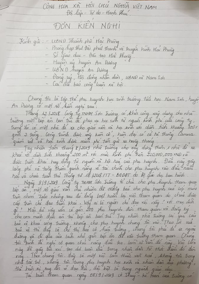 Đơn kiến nghị của phụ huynh trường tiểu học Nam Sơn Đơn kiến nghị của phụ huynh trường tiểu học Nam Sơn