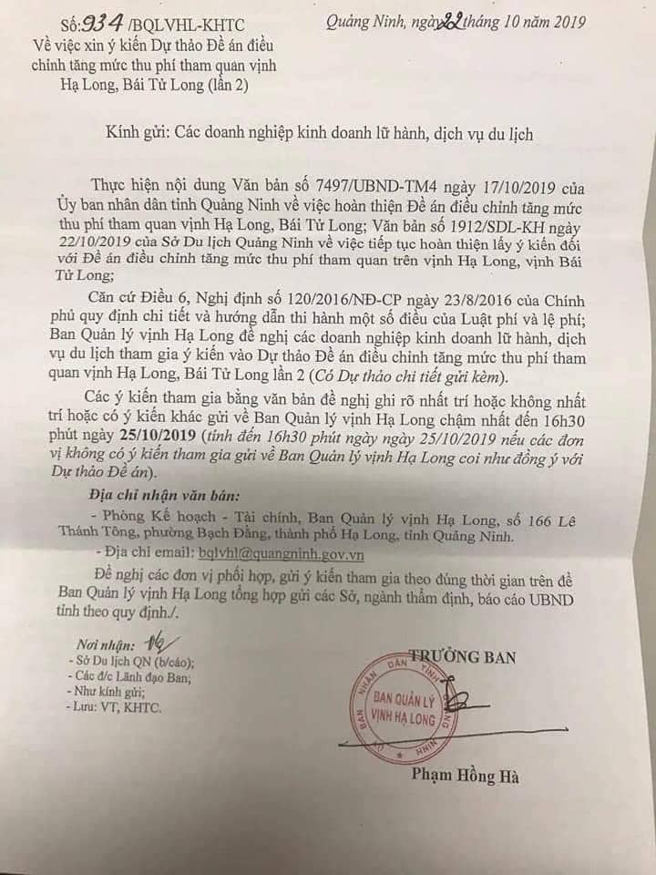 Công văn xin ý kiến Dự thảo Đề án điều chỉnh tăng mức thu phí tham quan vịnh Hạ Long, Bái Tử Long Của BQL vịnh Hạ Long Công văn xin ý kiến Dự thảo Đề án điều chỉnh tăng mức thu phí tham quan vịnh Hạ Long, Bái Tử Long Của BQL vịnh Hạ Long