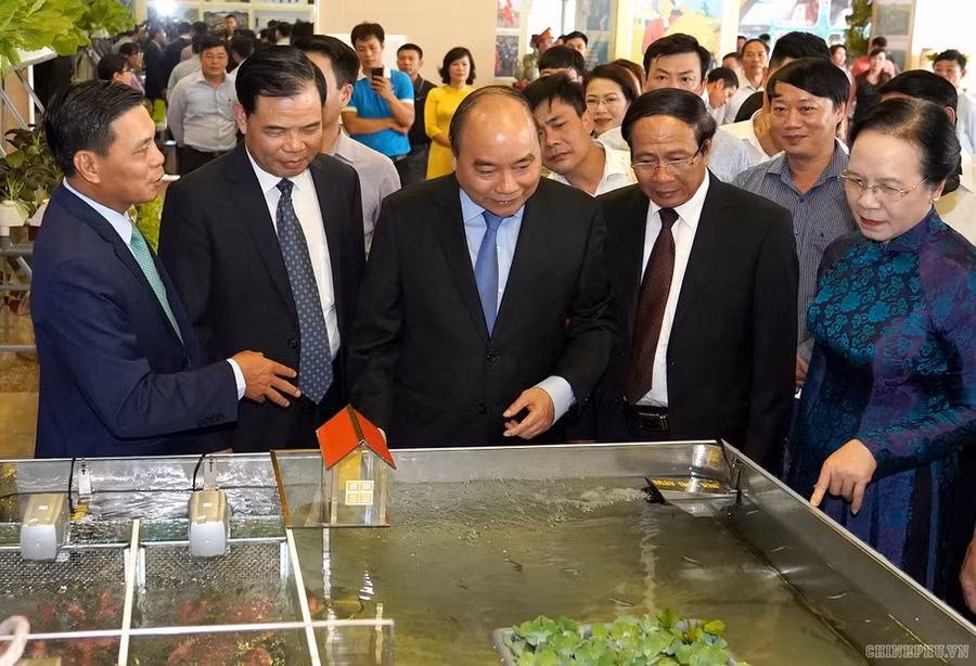 Thủ tướng Nguyễn Xuân Phúc cùng lãnh đạo thành phố Hải Phòng tham quan mô hình phát triển kinh tế nông thôn được trưng bày tại triển lãm (Ảnh VGP)
