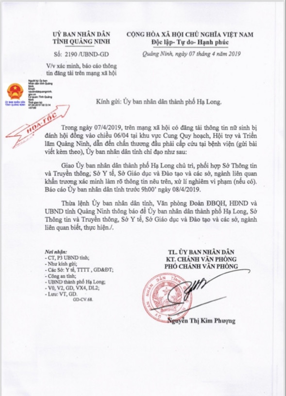 Công văn khẩn của UBND tỉnh Quảng Ninh yêu cầu các cơ quan chức năng khẩn trương xác minh, làm rõ vụ việc trên Công văn khẩn của UBND tỉnh Quảng Ninh yêu cầu các cơ quan chức năng khẩn trương xác minh, làm rõ vụ việc trên