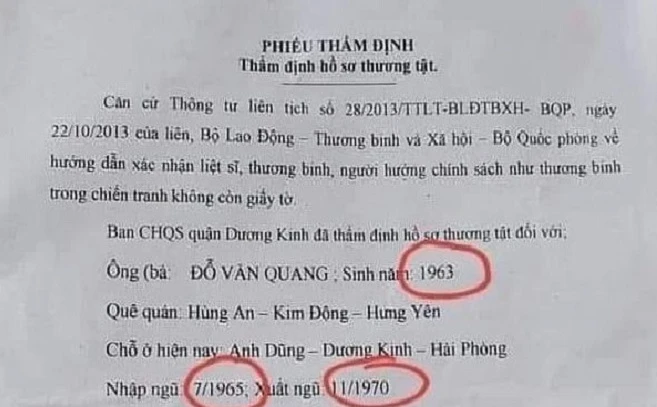 Phiếu thẩm định thương tật của ông Quang bị nhầm lẫn lớn về mặt thời gian nhập và xuất ngũ